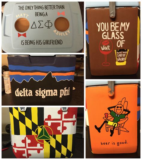 Away weekend cooler. Delta Sigma Phi. UMD Delta Sigma Phi Cooler, Alpha Sigma Phi Cooler, Delta Chi Cooler, Painted Fraternity Coolers, Painted Coolers, Alpha Sigma Phi, Delta Sigma Phi, Fraternity Coolers, Cooler Ideas