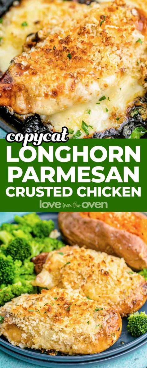 Gluten Free Recipes Chicken Easy Dinners, Chicken Alfredo Parmesan Crusted Chicken, Chicken And Provolone Recipes, Parmesan Crusted Chicken Alfredo, Longhorn Parmesan Crust, Copycat Longhorn Parmesan Crusted Chicken, Parmesan Crusted Chicken Sides, Longhorn Parmesan Chicken, Pablo Crusted Chicken