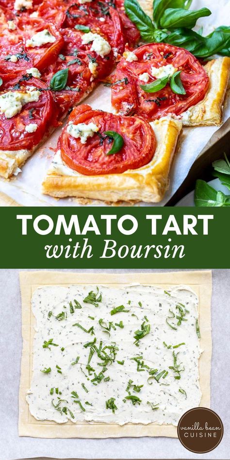 This Puff Pastry Tomato Tart blends the crunch of a flaky crust with the savory richness of baked tomatoes and the creamy flavor of Boursin cheese. Using just 6 ingredients and requiring only 15 minutes of prep, it’s a dish that brings the warmth of the French Riviera to your kitchen. Tomato Boursin Tart, Boursin Tomato Puff Pastry, Quiche Tart Recipes, Savory Tarts Main Dishes, Tomato Puff Pastry Tart, Puff Pastry Tart Savory, Tomato Pastry, Puff Pastry Tomato, Tomato Tart Puff Pastry