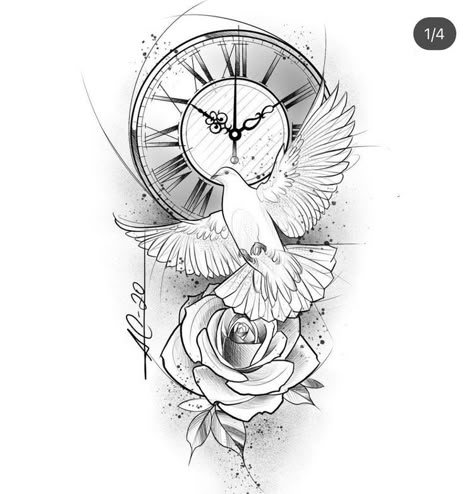 Clock Rose Tattoo Stencil, Clock Rose Tattoo, Dove And Rose Tattoo, Clock And Rose Tattoo, Lotusblume Tattoo, Rose Tattoo Stencil, Clock Tattoos, Dove Tattoo Design, Atlas Tattoo