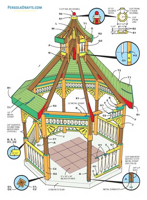 12 Feet Octagonal Gazebo Plans Blueprints For Beautiful Summerhouse Gazebo Blueprints, Enclosed Gazebo, Octagon House, Diy Gazebo, Gazebo Roof, Gazebo Plans, Wooden Gazebo, Backyard Gazebo, Simple House Plans