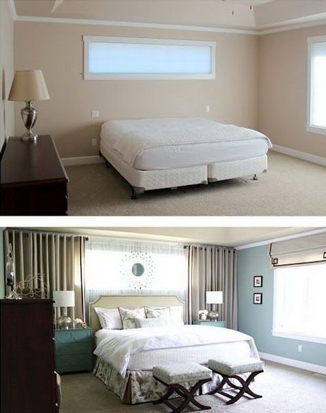 Use Wall curtains to frame the bed even if there's no windows! Curtains Around Bed, Window Treatments Bedroom, Basement Bedrooms, Bedroom Windows, Small Room, Beautiful Bedrooms, Bed Room, My New Room, Home Staging