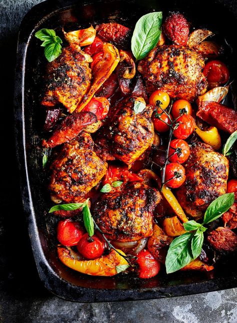 Spanish chicken with chorizo and peppers is the perfect recipe to add to your lazy dish repertoire Spanish Chicken And Chorizo, Lazy Dish, Chicken And Chorizo, Chicken Tray Bake, Spanish Chicken, Alex James, Chicken Meals, Oven Chicken, Chicken Tikka Masala