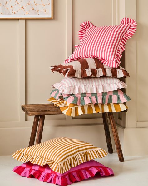 We adore the playful vibe that our Amuse La Bouche cushion collection brings to any space! Here, we've styled these lovely stripy, fun, and frilly cushions in various rooms and on different furniture to showcase their versatility. These gorgeous cushions are perfect for adding a touch of whimsy to any room 💛❤ #interiorinspiration #guesthouse #colourful #interiör #livingroomideas #Furniture #vibrant #trendy #livingroom #loveseat #snugglebuddies #love #style #interiordecor #sofa #colourpop #s... Different Furniture, Cushion Collection, Sofa Inspiration, Love Style, Style Summer, Home Gadgets, Interior Inspo, Fun Decor, New Room