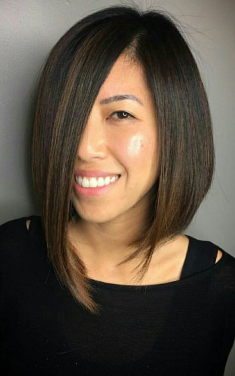 Long angled bob Asymmetrical Bob Asian, Asian Bobs Haircuts, Angled Bob Haircuts Long, Long Bob Hairstyles Asian, Asian Hair Bob, Asian Bob Haircut, Bob Hair Cuts, Asian Bangs, Long Angled Bob