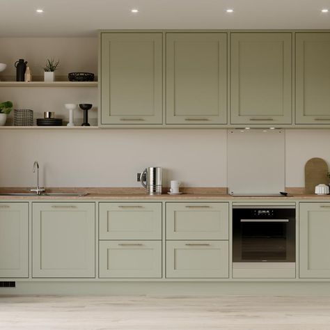 Dusk Blue Kitchen, Howdens Chilcomb, Shaker Drawer Fronts, Green Cupboard, Kitchen Door Styles, Kitchen Shaker, Sage Green Kitchen, Kitchen Green, Glass Dresser