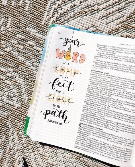 Emma's Bible Journaling on Instagram: “Your word is a lamp to my feet and a light to my path. Psalm 119:105 ESV #emmasbible #bibleverse #biblejournaling #biblejournalingideas…” Light To My Path, Journal Bible Quotes, Bible Journal Notebooks, Bible Journaling For Beginners, Bible Doodling, Bible Journal Notes, Inspire Bible Journaling, Christian Journaling, Bible Study Notebook