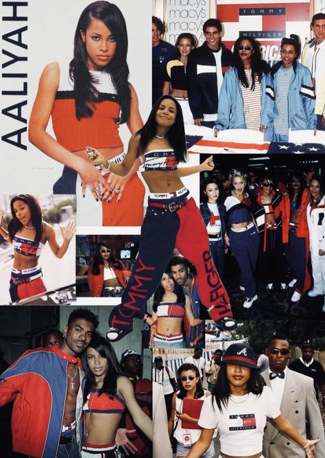 Xscape Group The 90s Outfits, Aaliyah Tommy Hilfiger Outfit, Aliyah Tommy Hilfiger, Tommy Hilfiger Outfits 90s, Aaliyah Style 90s Tommy Hilfiger, 90s R B Outfit, Aliyah Inspired Outfits 90s, 90s Fashion Aliyah, Tommy Hilfiger Aesthetic Vintage