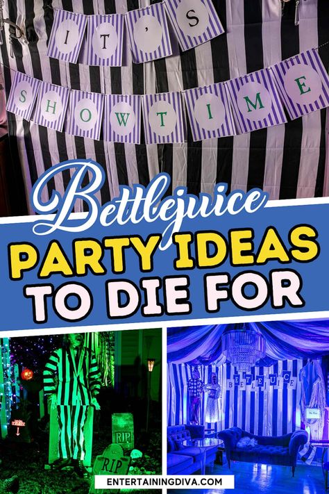 Beetlejuice Party Ideas To Die For Beetle Juice Themed Party, Beetlejuice Theme Party, Beetlejuice Birthday Party, Beetlejuice Party Ideas, Beetlejuice Birthday, Beetlejuice Decor, Diy Halloween Bottles, Halloween Scene Setters, Beetlejuice Aesthetic