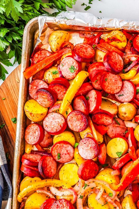 Kielbasa Potatoes Peppers Onions Sheet Pan, Polska Kielbasa Sheet Pan Recipes, Sheet Pan Potatoes And Sausage, Sheet Pan Smoked Sausage And Veggies, Smoked Sausage Meal, Smoked Sausage Sheet Pan Dinner, Pan Sheet Meals, Sheet Pan Kielbasa, Sheet Pan Sausage And Potatoes