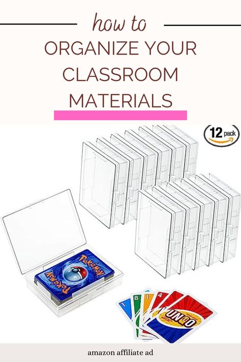 These playing card storage cases are essential for an organized classroom! Use them for flash cards, partner game pieces, math manipulatives, stickers, and so much more. Add some beautiful labels and you are all set to go! Easy to stack and store and affordable! Flash Card Storage Ideas, How To Organize Pokemon Cards, Flash Card Storage, Pokemon Card Storage Ideas, Classroom Flashcard Storage, Pokemon Card Binder Organization, Blank Playing Cards, Playing Card Case, Plastic Playing Cards