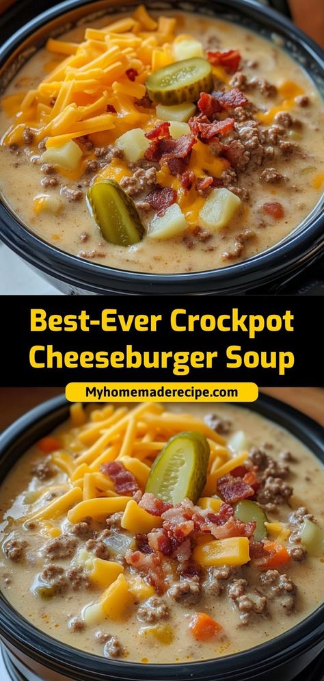 This cheeseburger soup is creamy, cheesy, and filled with ground beef and potatoes. All the flavors of a cheeseburger in a comforting bowl! Ingredients: 1 lb ground beef, cooked 4 cups chicken broth 1 cup diced potatoes 1 cup shredded cheddar cheese Serve this soup topped with bacon bits and extra cheese Crockpot Cheeseburger Soup, Chicken Soup Recipes Crockpot, Crockpot Cheeseburger, Cheeseburger Soup Crockpot, Cheeseburger Soup Recipe, Ground Beef Crockpot Recipes, Hearty Chicken Soup, Chicken Soup Crockpot, Cozy Soups