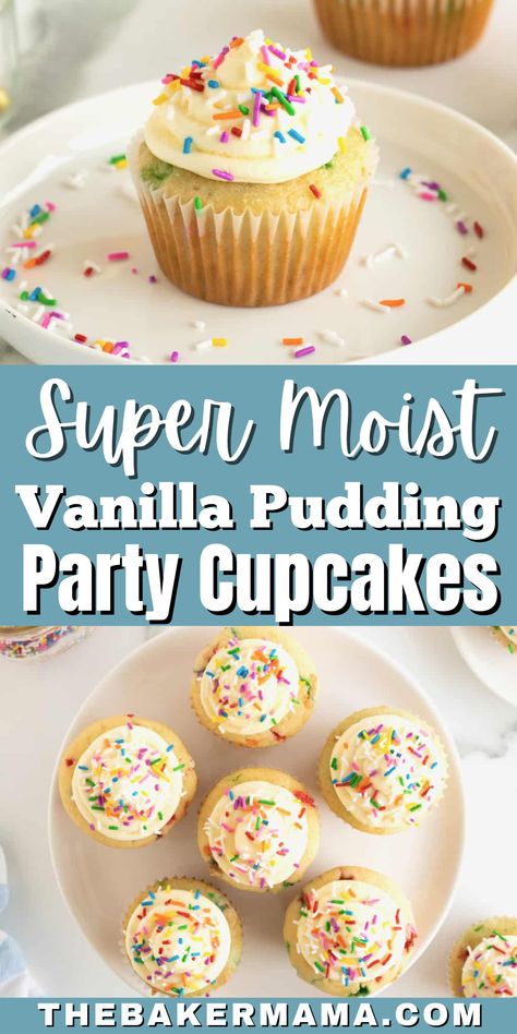 Our Super Moist Vanilla Pudding Party Cupcakes are filled with vanilla flavor and covered in the dreamiest vanilla pudding frosting. With sprinkles inside and out, they make for such a fun and special treat! If you’re looking for an easy and absolutely delicious homemade confetti cupcake to bake for a special celebration, these are the ones! Pudding Cupcake Recipes, Cupcake With Pudding Recipe, Vanilla Cupcakes With Pudding, Cupcake Recipes With Pudding Cake Mixes, Moist Funfetti Cupcakes, Vanilla Pudding Add Ins, Pudding Stuffed Cupcakes, Filled Funfetti Cupcakes, Pudding Mix Cupcakes