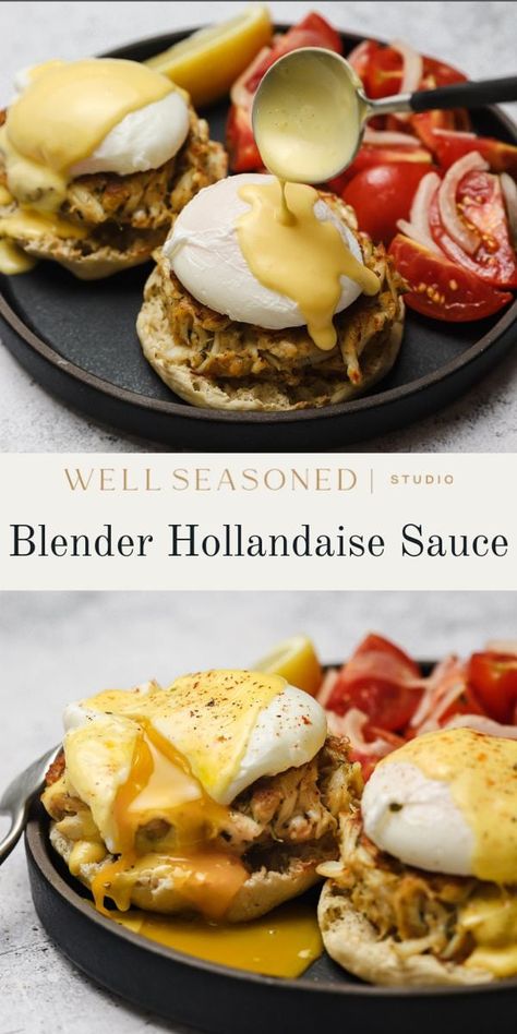 Introducing the easiest way to make Hollandaise Sauce! This foolproof blender method takes just minutes and results in a rich, creamy, and delicious sauce that is perfect for eggs benedict, asparagus, grilled fish, or chicken. GF, Vegetarian#wellseasonedstudio #hollandaise #blenderhollandaise #hollandaisesauce #eggsbenedict Blender Hollandaise Sauce, Blender Hollandaise, Homemade Crab Cakes, Homemade Hollandaise Sauce, Homemade Aioli, Recipe For Hollandaise Sauce, French Sauces, Butternut Squash Lasagna, Fish Pie