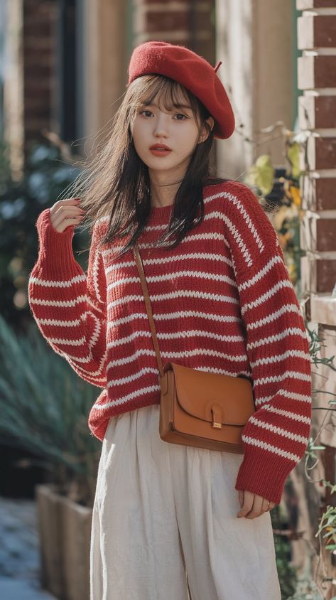 Embrace the vibrant energy of autumn with this red and white striped sweater, perfectly paired with loose white pants and a chic red beret. This outfit is not only comfortable but also makes you stand out in the crowd. Let's enjoy the warmth and beauty of this season together!🍁 Red Beret, White Striped Sweater, Vibrant Energy, Red Outfit, White Pants, Striped Sweater, Red Sweaters, Winter Outfit, Striped Shirt