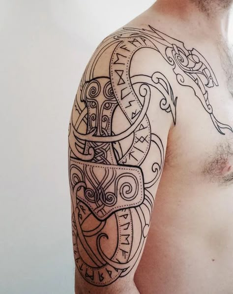 Thors Hammer Tattoo Vikings, Norse Knotwork Tattoo, World Serpent Tattoo, Norse Dragon Tattoo, Tattoo Around Arm, Jormungandr Tattoo, Viking Dragon Tattoo, Nordic Dragon, 24 Tattoo