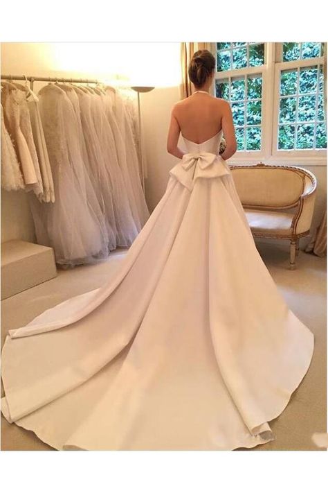 Satin Halter Wedding Dress, White Halter Wedding Dress, Satin Wedding Dress Simple, Bateau Wedding Dress, A Line Wedding Dress With Sleeves, Wedding Dresses Backless, Dresses With Bow, Detachable Train Wedding Dress, Satin Wedding Dresses