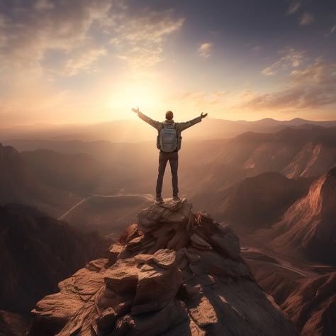 On Top Of A Mountain Aesthetic, Someone Climbing A Mountain, Standing On Top Of A Mountain, Top Of Mountain Aesthetic, Person On Top Of Mountain, Man On Top Of Mountain, Man On Mountain, Arms Wide Open, A Man Standing