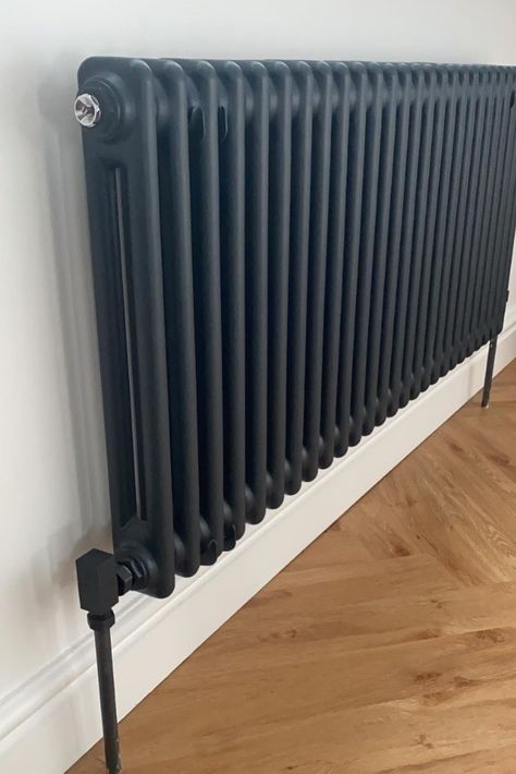 Grey Column Radiator, Anthracite Radiator Living Room, Radiator Alternatives, Feature Radiator, Hallway Radiator, Hallway 2023, Scandi Hallway, Stair Landing Decor, Bedroom Radiators