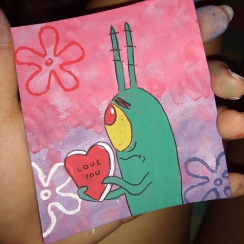 Painting of plankton in love Plankton Painting, Paint And Sip Ideas, Acryl Painting, Spongebob Painting, Disney Canvas Art, Disney Canvas, Arte Indie, Heart Canvas, Cartoon Painting