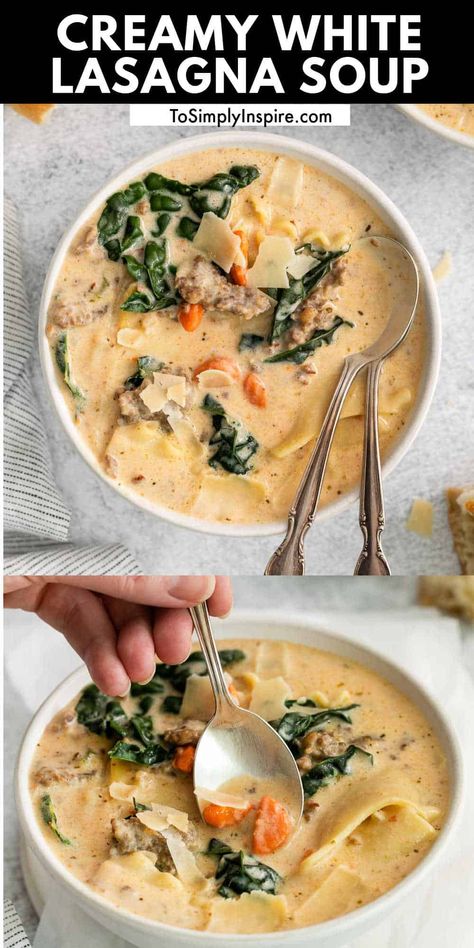 Sausage And Noodle Soup, White Lasagna Soup With Sausage, Italian Sausage Recipes Soup, Creamy White Lasagna Soup, Spinach Meals, Sausage Lasagna Soup, White Lasagna Soup, Lemon Lasagna, Cheesy Soup