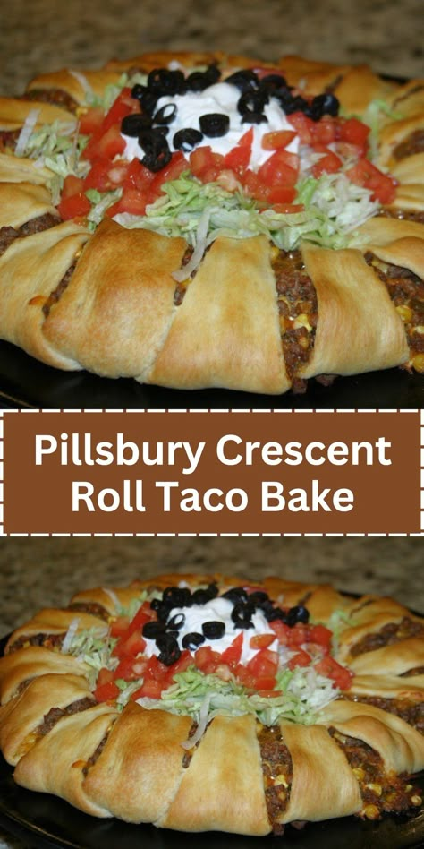 Pillsbury Crescent Roll Taco Bake Crescent Roll Taco Pie, Crescent Roll Taco, Pillsbury Crescent Recipes, Crescent Roll Taco Bake, Easy Crescent Roll Recipes, Pillsbury Crescent Roll Recipes, Crescent Roll Recipes Dinner, Easy Crescent Rolls, Baked Tacos Recipe