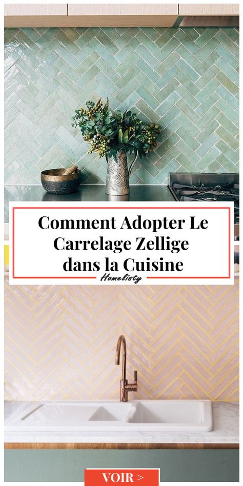 Vous pouvez, comme ici, choisir de le poser en chevrons, avec joints apparents et en contraste. Mais le carrelage zellige se prête à bien d'autres styles de déco dans la cuisine: couleurs, poses, adaptation à votre espace... On vous dit tout dans notre liste d'inspirations et de conseils. Kitchen Design Decor, Harry Potter Fan Art, Pool House, Adaptation, Home Deco, Kitchen Design, Design Studio, Mural, House Design