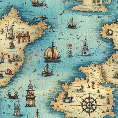 This incredible digital download features an antique treasure map with a seamless tile background. Printed on high-quality paper, the artwork is a beautiful representation of classic pirate lore.  More designs available here: https://oneonionfactory.etsy.com Perfect for crafting enthusiasts or anyone who appreciates high-quality image art, this clip art is a must-have. The intricate details of the map make it a great addition to any collection, and the seamless tile background adds a touch of el Treasure Map Aesthetic, Map Illustration Design Graphics, Treasure Map Illustration, Pirate Treasure Map Printable, Pirates Map, Pirates Treasure Map, Vintage Treasure Map, Vintage Pirate Map, Pirate Map