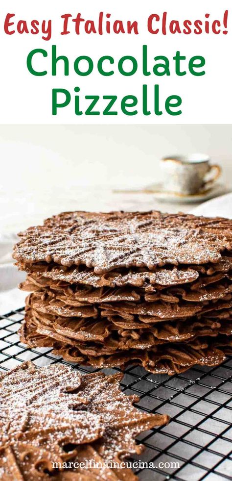 These Chocolate Pizzelle cookies are crispy and delicate with just the right amount of chocolate flavor! Making these traditional Italian waffle cookies is super easy and this recipe uses basic pantry ingredients to avoid any hassles! #chocolatepizzelle #italiancookies #pizzelle #italianclassicrecipe Chocolate Pizzelles Recipe, Pizelle Cookies Recipes Chocolate, Italian Waffle Cookies Pizzelle Recipe, Chocolate Pizzelle Recipe Italian, Pitzells Cookies Recipe, Pizzelle Recipe Italian, Peanut Butter Pizzelle Recipe, Pizelle Cookies Recipes, Chocolate Pizzelles