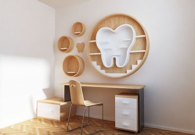 Bookshelf: Dentist tooth shelf Stomatology Design Interior, Dental Office Decor Ideas, Pediatric Dental Office Decor, Clinic Aesthetic, Dentist Office Design Interiors, Dentistry Design, Dental Wall Art, Dentistry Office, Pediatric Dental Office