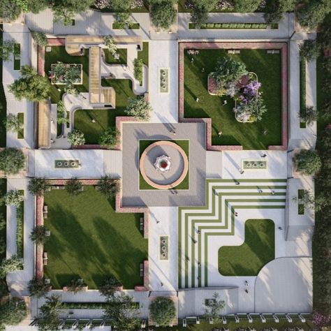 The garden is divided into four quadrants, each featuring a symmetrical layout with geometrically shaped flowerbeds and lush green lawns. The pathways that connect the quadrants are designed as stepping gardens, elevated slightly above the ground level and adorned with carefully placed stepping stones. Landscape Design Pathway, Landscape Site Plan Design Architecture, Township Landscape Design, Park Layout Landscape, Symmetrical Landscape Design, Geometric Garden Design, Rectangular Landscape Design Plan, Steps Design Outdoor, Landscape Ideas Plan