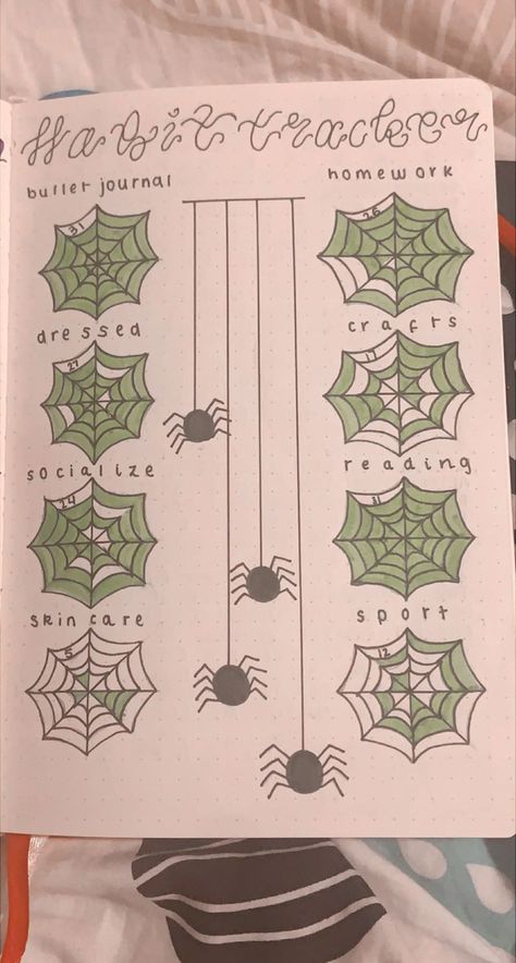 spiderweb habit tracker perfect for your october bujo! Habit Tracker Halloween, Halloween Bullet Journal, Bullet Journal November Habit Tracker, October Bullet Journal Habit Tracker, October Bujo, Halloween Themed Bullet Journal, October Bullet Journal Calendar, Bullet Journal October, Habit Tracker