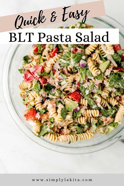 This BLT Pasta Salad with ranch is a light and simple recipe that is loaded with so many delicious flavors, including creamy ranch dressing, lettuce, pasta, and chopped bacon. simplylakita.com #bltpastasalad Pasta Salad With Ranch, Pasta Salad With Dill, Salad With Ranch, Rotini Pasta Salad, Blt Pasta Salad, Blt Pasta, Pasta Salad Ingredients, Blt Pasta Salads, Creamy Ranch Dressing