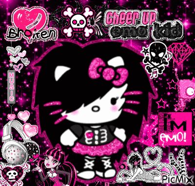 emo hello kitty (drawing by me) Black Emo Drawing, Scene Hello Kitty Pfp, Emo Hello Kitty Wallpaper, Hello Kitty Scene, Emo Sanrio, Pfp Scene, Scene Emo Pfp, Scene Hello Kitty, Hello Kitty Wallpaper Black