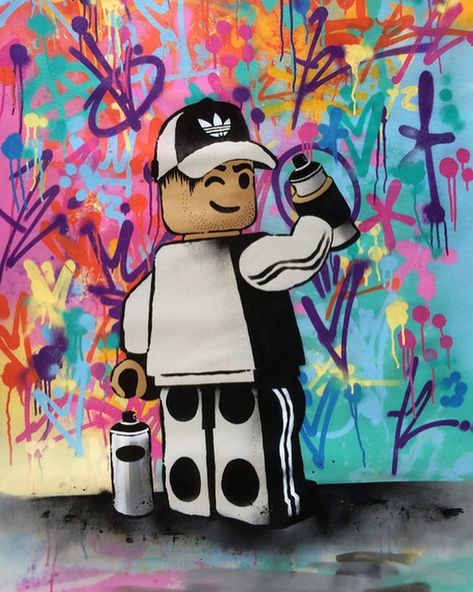 Attitude Gallery on Instagram: “What’s your favourite piece of #StreetArt? Here are some of ours by friend of the gallery, the one and only AME72 #Art #Graffiti #Lego…” Lego Graffiti, Lego Street, Spray Can Art, Pink Canvas Art, Big Lego, Banksy Art, Graffiti Murals, Graffiti Characters, Cartoon Wall