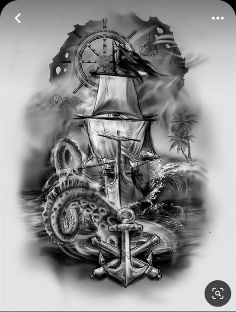 Kracken Tattoos, Pirate Ship Tattoo Drawing, Pirate Tattoo Sleeve, Ship Tattoo Sleeves, Pirate Tattoos, Armour Tattoo, Pirate Ship Tattoos, Ocean Sleeve Tattoos, Nautical Tattoos