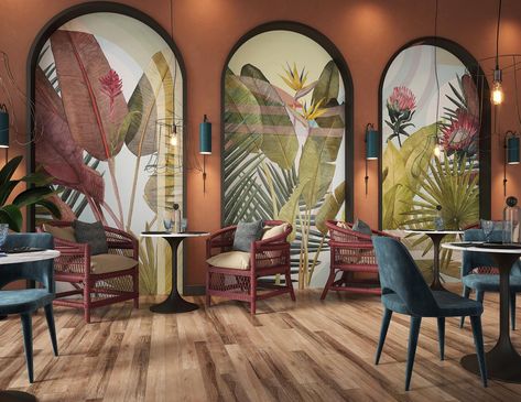 Panoramic Tropical wallpaper RICO by Tecnografica_5 Tropical Cafe, Coworking Design, Restaurant Plan, Tropical Wallpaper, Architecture Rendering, Cafe Decor, Price List, Diy Home Decor, Home Diy