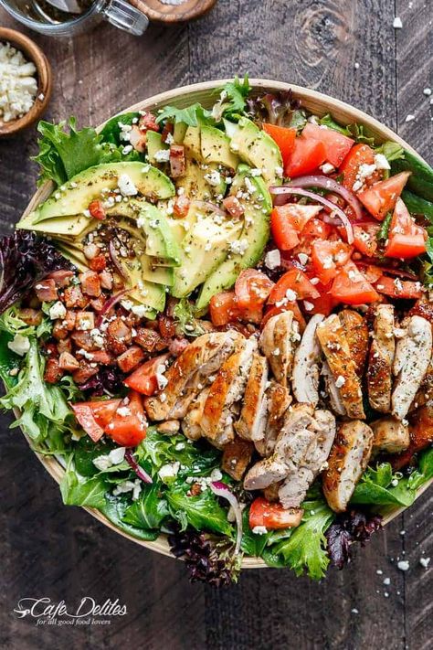 BLT Balsamic Chicken Avocado & Feta Salad - Cafe Delites Avocado Feta Salad, Cafe Delites, Balsamic Chicken, Avocado Chicken Salad, Feta Salad, Chicken Avocado, Lunch Salads, Avocado Salad, Okra