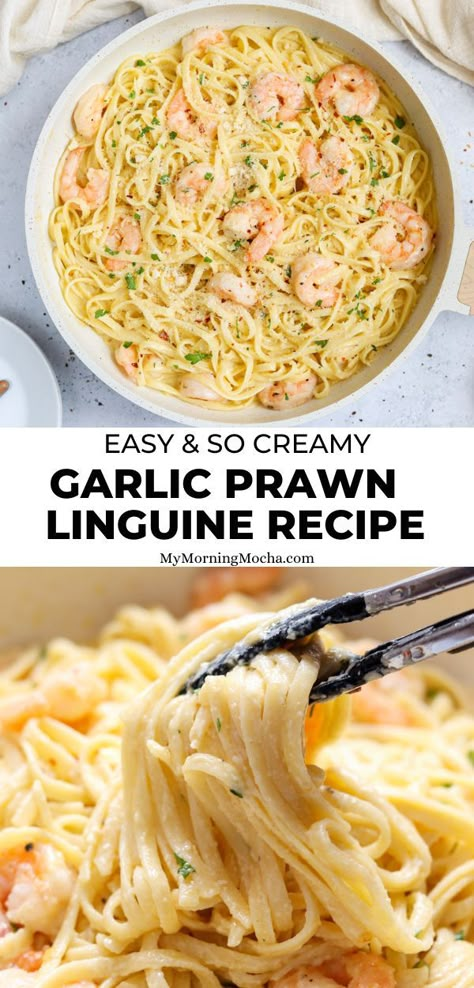 Prawn Linguini Recipe, Prawn Pasta Recipe Healthy, Garlic Prawns Pasta, Prawn Linguine Recipe Garlic, Creamy Prawn Pasta Recipe, Linguine Recipes Easy, Prawn Linguine Recipe, Chilli Prawn Linguine, Creamy Prawn Linguine