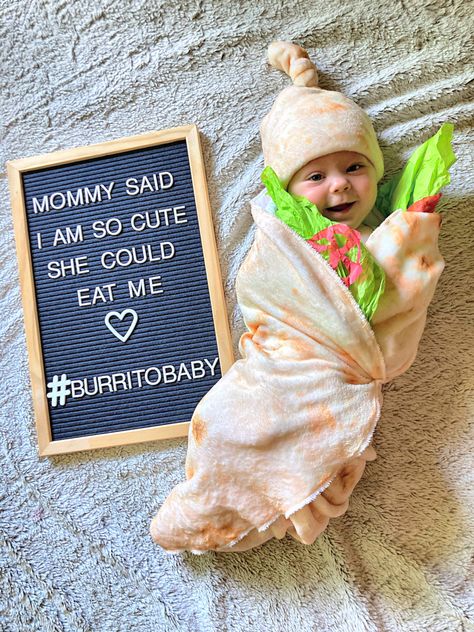 Baby Burrito Photoshoot, Baby Burrito Costume, Funny Newborn Halloween Costumes, Milestone Photoshoot, Old Halloween Costumes, Newborn Halloween Costumes, Newborn Halloween, Monthly Baby Pictures, Monthly Baby