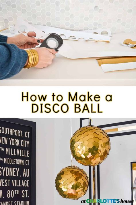 Who doesn't love a disco ball? These budget friendly DIY disco balls are an easy hand made craft project and the results are festive and fun! Diy Disco Ball Backdrop, How To Make A Disco Ball Diy, Diy Disco Party Decorations, Disco Brunch, Disco Ball Lamp, Make A Disco Ball, Desert Disco, Diy Disco Ball, Gold Disco Ball