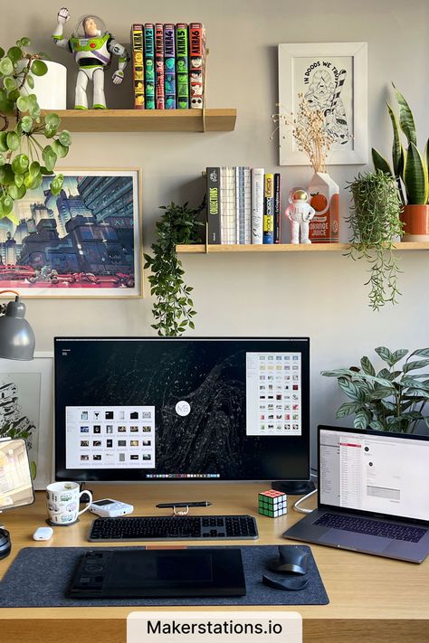 Design Desk Setup Pc Shelf Ideas, Creative Home Office Ideas, Above Computer Desk Wall Decor, Workstation Ideas, Floating Shelf Workkng From Home Office, Desktop Set Up, Work Desk Inspiration, Creative Desk, Interior Design Workspace