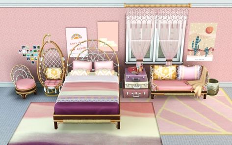 Hipster Teen Bedroom Set 🌸 Sims 4 High School, Teen Bedroom Sets, Sims 4 Beds, High School Teen, Sitting Bench, Country Cottage Kitchen, Sims 4 Bedroom, Sims 4 Teen, High School Years