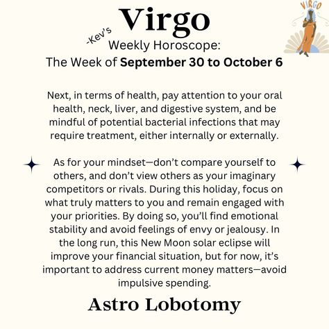 Follow so you don’t miss anything 🧠🧠 New uploads every day, if you don’t see your sign, come back tomorrow! September 30 to October 6, 2024 horoscope for Virgo ♍️ #zodiac #horoscope #virgo Horoscope Virgo, Weekly Horoscope, Virgo Horoscope, Dont Compare, Bacterial Infection, Comparing Yourself To Others, Zodiac Horoscope, Virgo Zodiac, Digestive System