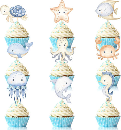 27 Pieces Ocean Animal Blue Cupcake Topper Printed on Both Sides,Cake Picks Under The Sea Birthday Decoration for Boys Baby Shower Birthday Party Favors, Mermaid Theme Gender Reveal Party Cake Table #ad #underthesea #ocean #oceananimals #oceanbabyshower #undertheseababyshower #babyshowerideas #babyshowertheme Ocean Gender Reveal, Ocean Themed Baby Shower Ideas, Baby Shower Cupcakes For Boy, Sea Life Theme, Ocean Baby Showers, Party Cake Table, Gender Reveal Themes, Boy Birthday Decorations, Baby Shower Table Decorations