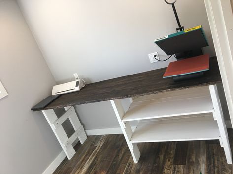 Craft table made with rough cut lumber.  Silhouette and heat press fit perfectly Craft Tables With Storage, Rough Cut Lumber, Craft Table Diy, Dream Craft Room, Craft Room Design, Table Office, Ideas Craft, Office Crafts, Craft Room Storage