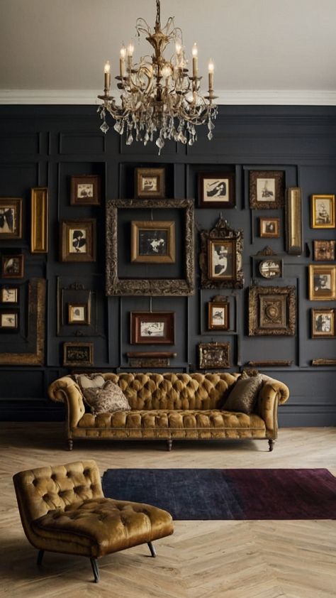 Create a stunning Vintage Frame Gallery Wall in your living room with these gold-inspired family photo ideas Explore seating chart layouts for a black bohemian and eclectic DIY bedroom Gallery Wall With Antique Frames, Moody Bedroom Gallery Wall, Vintage Vogue Living Room, Hanging A Gallery Wall, Art Walls Living Room, Art Gallery Home Interior Design, Living Room Portrait Wall Ideas, Living Room Frames Wall Ideas, Vintage Moody Living Room