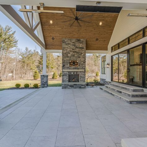 Covered Patio | Are you ready for summer gatherings in endless comfort? Enjoy the perfect indoor / outdoor living space with this covered patio. Large glass sliding doors connected to the house, a fireplace and built-in grill. 

Call to inquire about your dream home project! We still have room in our schedule this season. 
Call us at 440-543-3333  
-
-
-
-
-
#ohiocustomhomes #clevelandbuilders #oterohomescle #luxuryhomes #luxurycustomhomes #indoor #outdoor #patio #fireplace Outside Patio With Fireplace, Outdoor Patio With Grill And Fireplace, Covered Deck With Outdoor Kitchen, Patio Covering Attached To House, Covered Patio With Fireplace And Kitchen, Vaulted Outdoor Patio, Vaulted Ceiling Outdoor Patio, Back Porch Add On Covered Patios, Outdoor Covered Patio Ideas With Fireplace