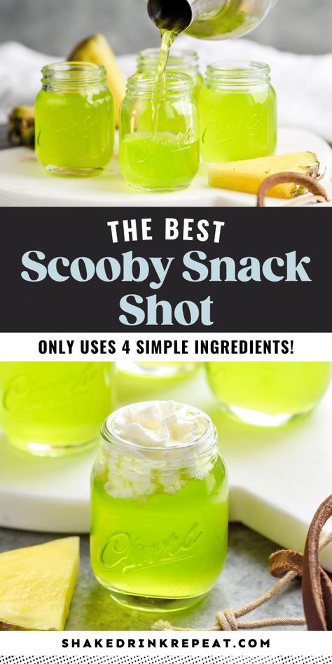 The Scooby Snack Shot is a tropical and creamy shot that packs a punch but is quite pleasant on the tastebuds. With two different fruity liqueurs, coconut rum, and pineapple juice, this bright green cocktail sure is a treat. Fall Shots Recipes, Fruity Shots Alcohol, Scooby Snack Shot Recipes, Liquid Marija Drink Recipe, Rum And Pineapple Juice, Scooby Snack Shot, Yummy Shots, Fruity Shots, Easy Shot Recipes