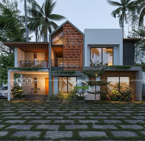 Modern home with mixed roof design - Unique Charms Modern Traditional Home Exterior Design, Modern House Elevation Architecture, Kerala Architecture Exterior, Modern Kerala House, Modern Traditional Home Exterior, Modern Contemporary House Exterior, Tropical Modern House, Slope Roof, Kerala Traditional House